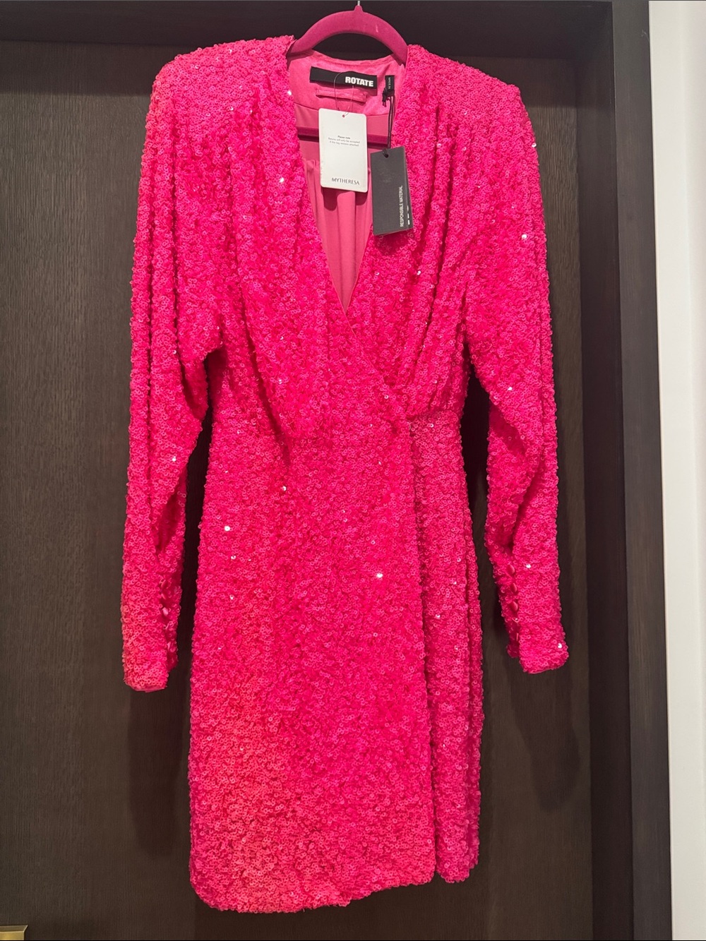 ROTATE Birger Christensen Hot Pink Sequin Long-Sleeve V-Neck Dress